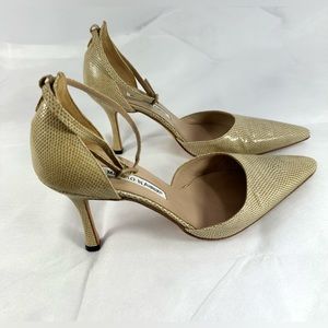 Genuine women Manolo Blahnik beige lizard ankle strap shoes 38.5 8.5 US
